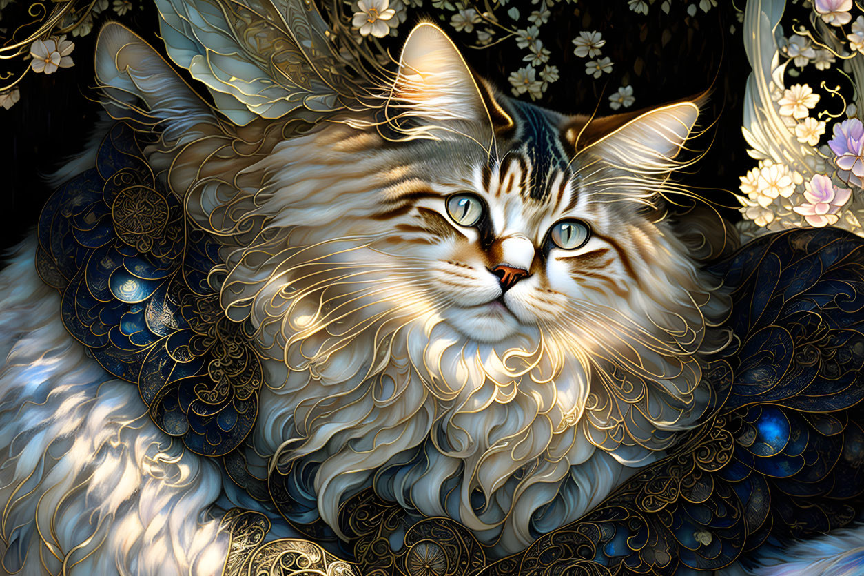 Detailed Illustration of Majestic Cat with Floral Motif