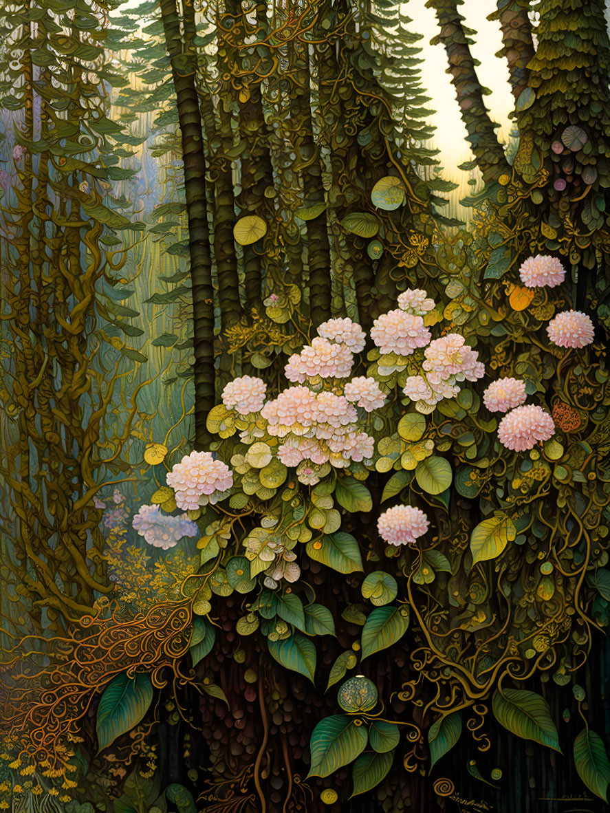 Detailed forest illustration with towering trees and delicate floral clusters.