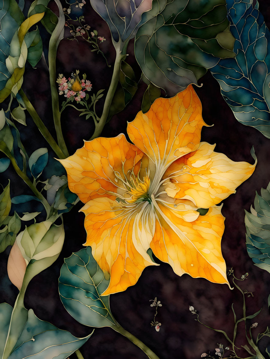 Detailed Orange-Yellow Flower with Green Leaves on Dark Background