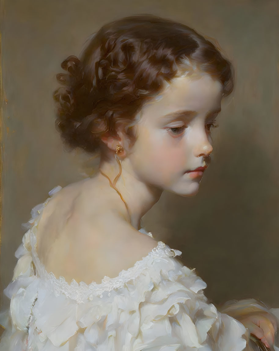 Young girl with curly hair in white outfit, classic oil portrait.