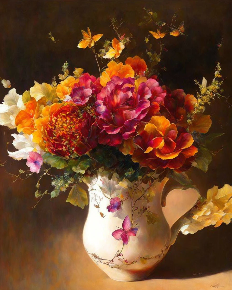 Vibrant flowers in ceramic pitcher with butterflies - Still-life painting