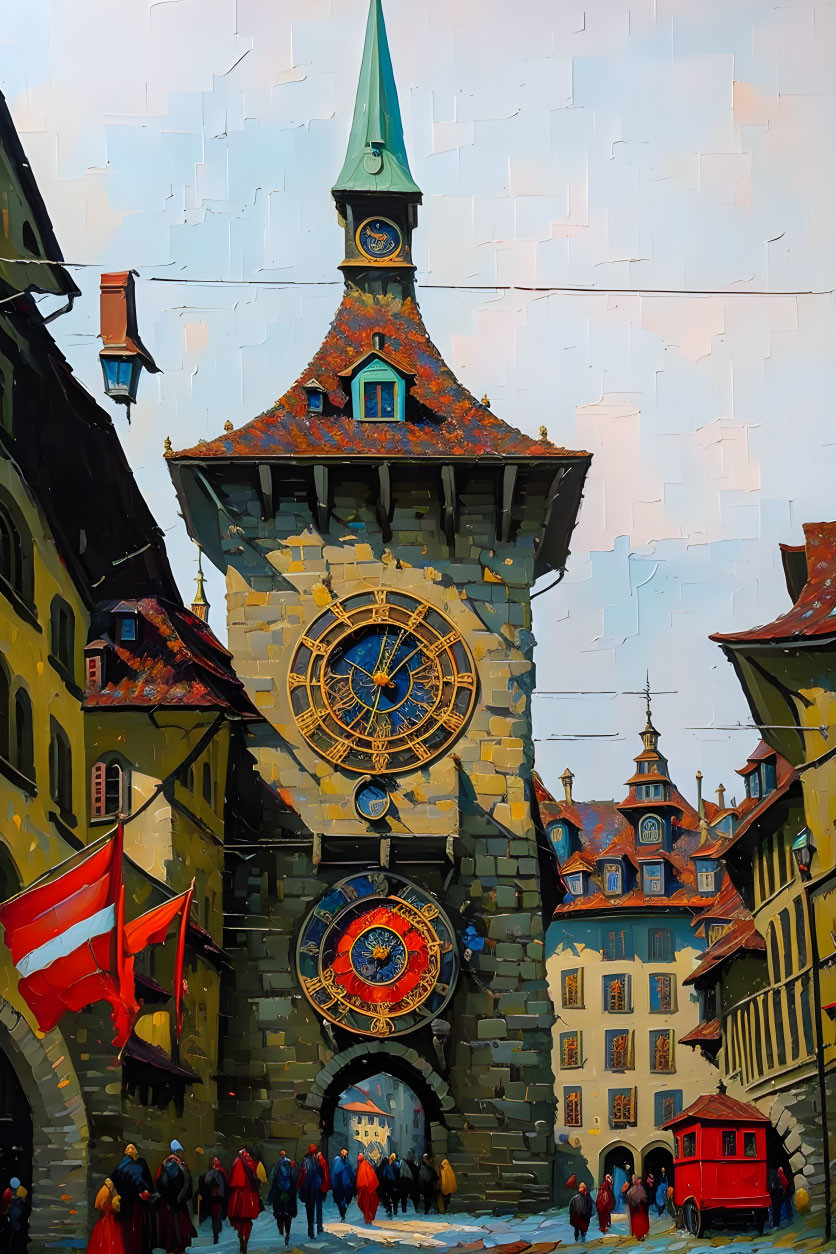 Historic clock tower with golden face and Swiss flag on rainy cobblestone street