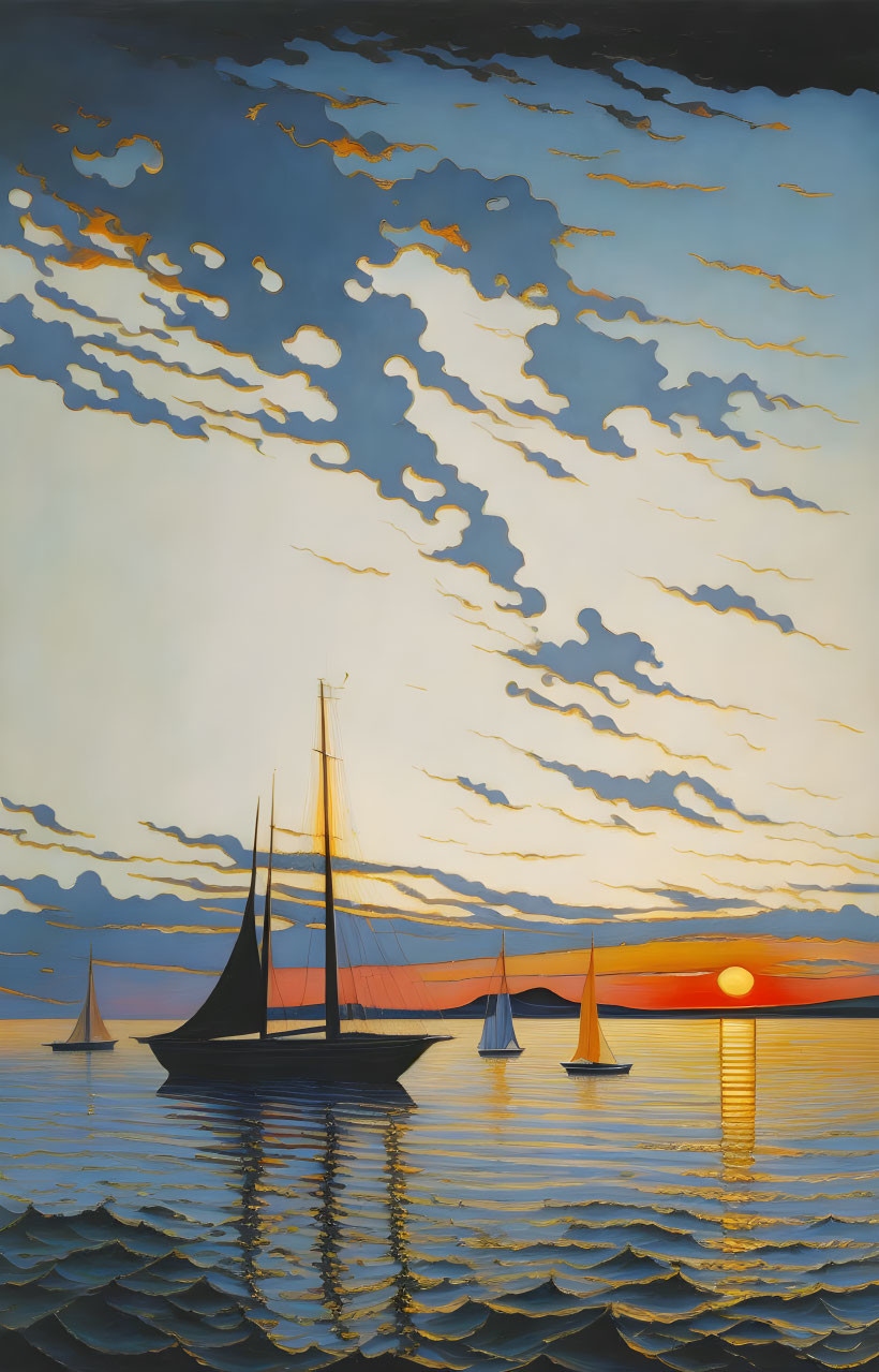 Sailboats on calm waters at sunset with vibrant sky and clouds