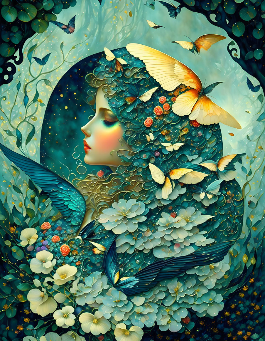 Illustration of woman with floral and butterfly motifs in starry setting