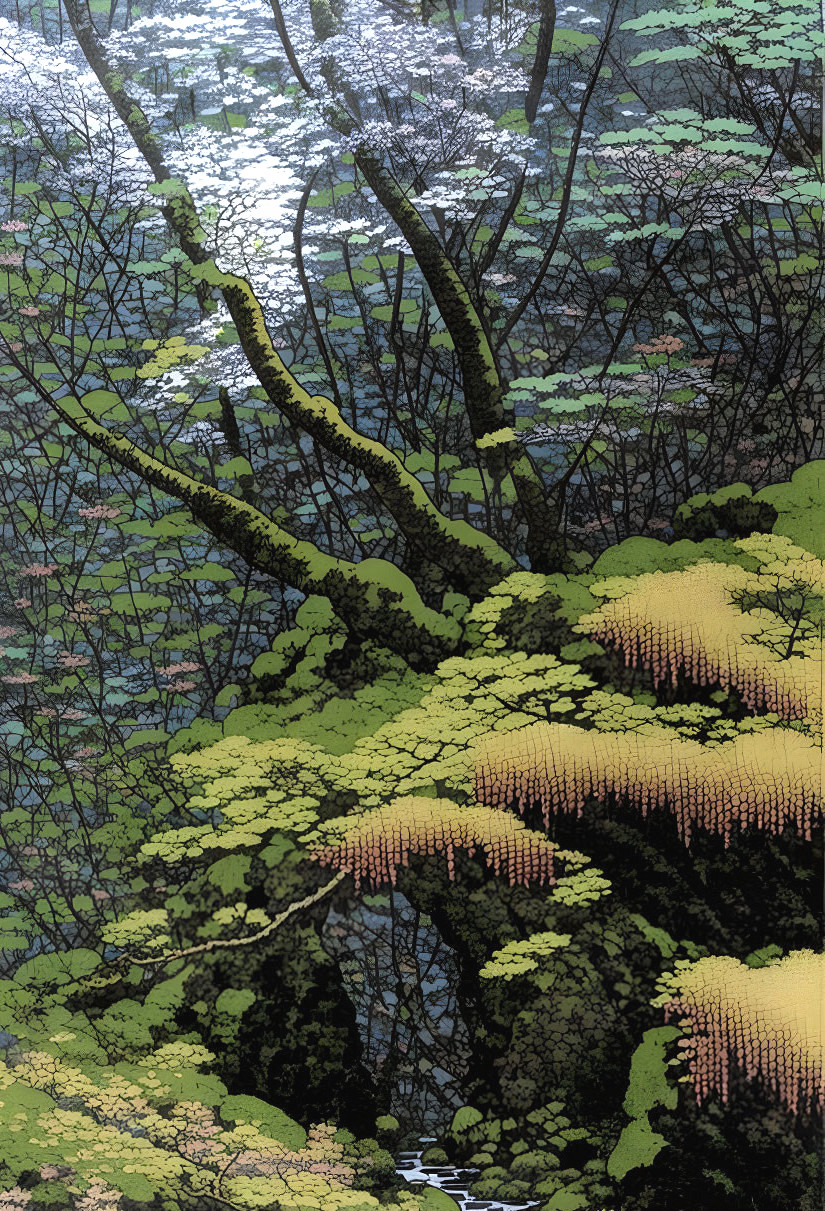 Lush forest illustration with moss-covered trees and river