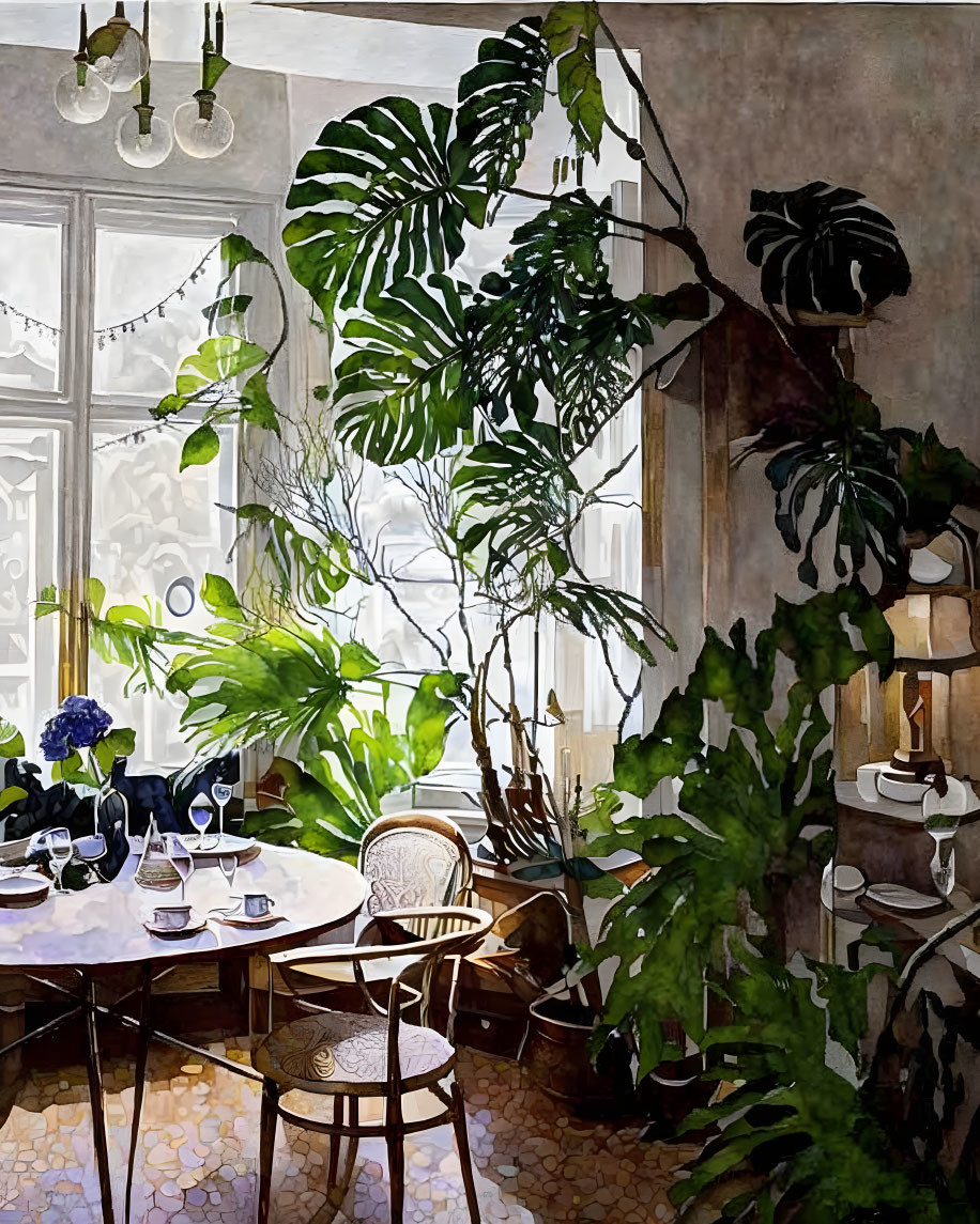 Cozy Green Plant-Filled Corner with Bistro Table and Rattan Chair