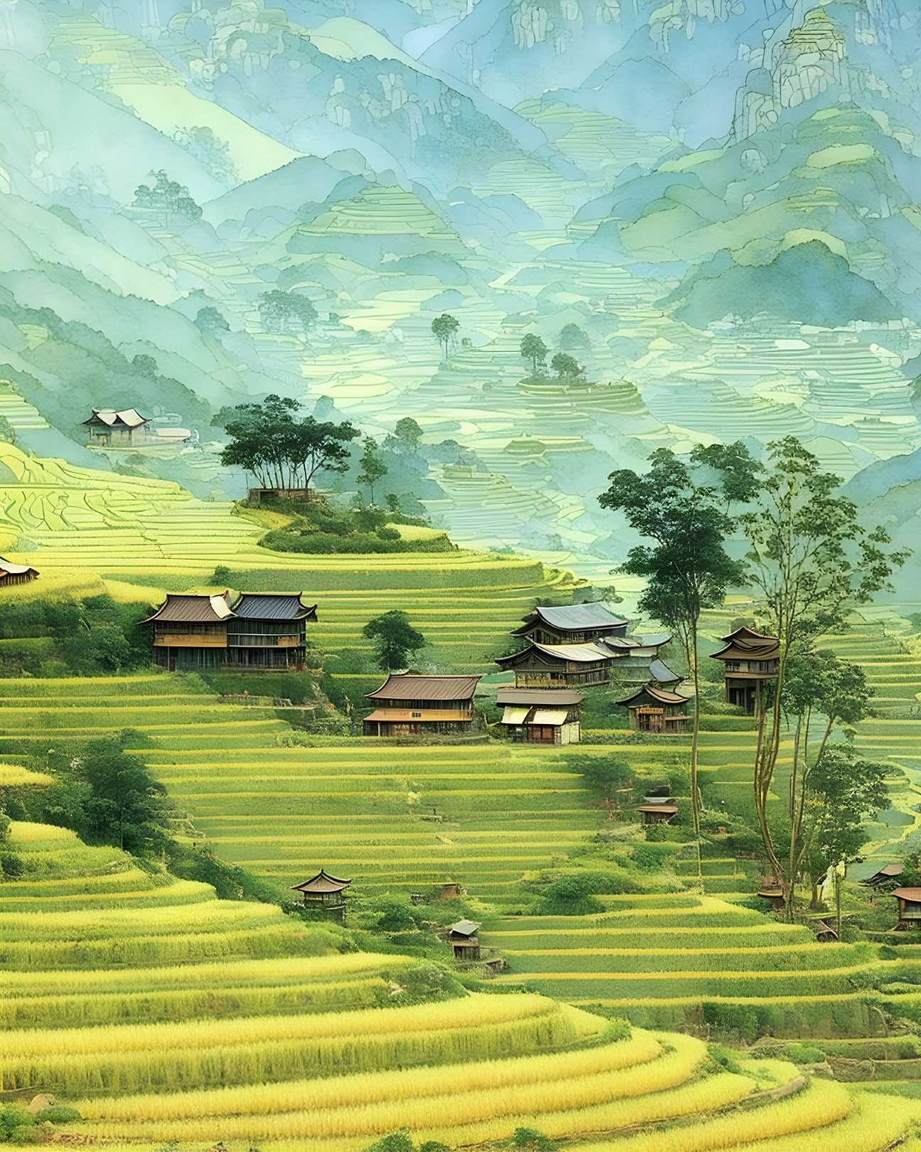 Vibrant yellow terraced rice fields in serene Asian landscape