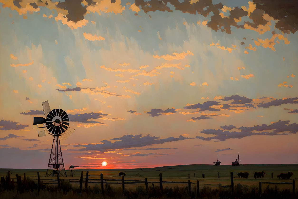 Tranquil sunset scene with windmill, clouds, and grazing cattle