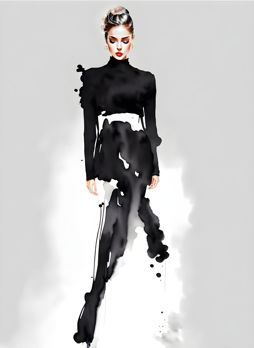 Abstract Fashion Illustration: Woman in Updo Hairstyle & High-Neck Black Dress