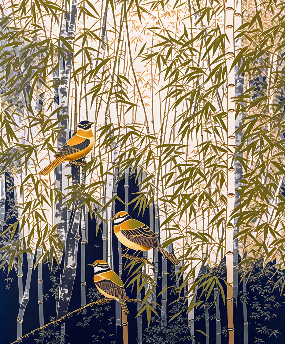 Stylized birds on bamboo stalks in intricate forest setting