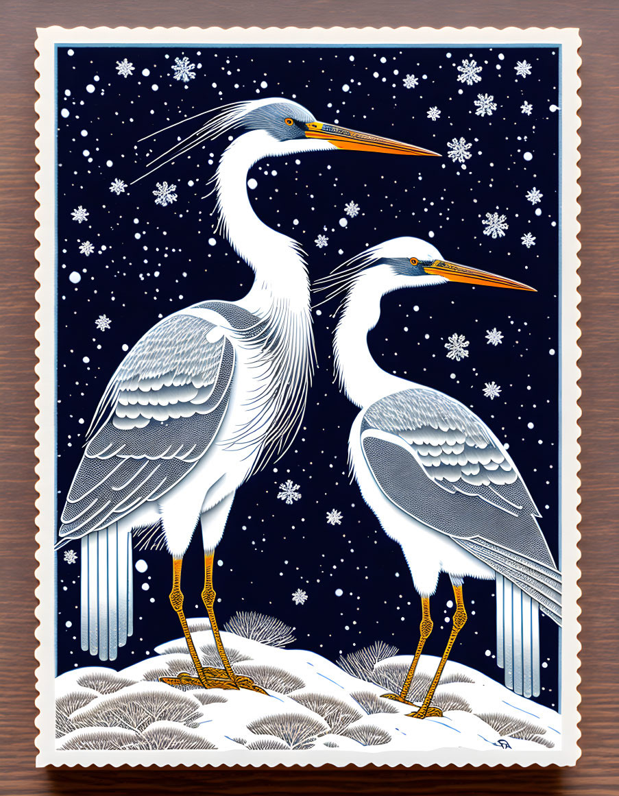 Illustrated postcard: Two white herons in snowy night scene