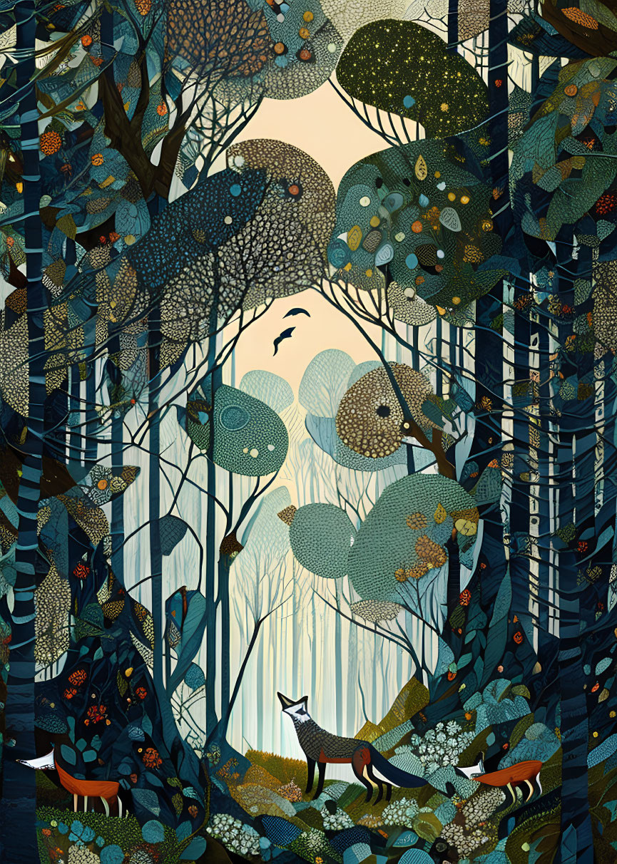 Detailed Forest Scene with Stylized Trees, Foxes, and Birds