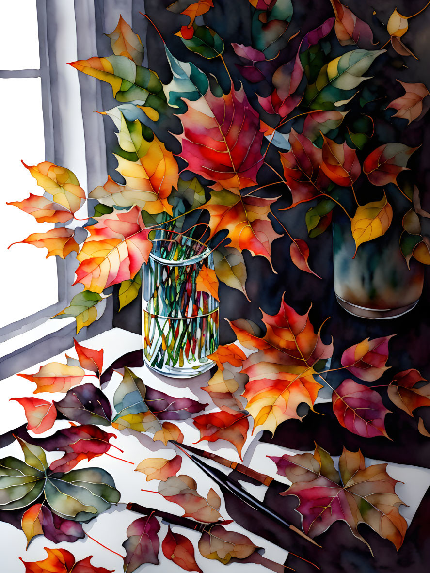 Vibrant autumn leaves in white vase by window, casting shadows