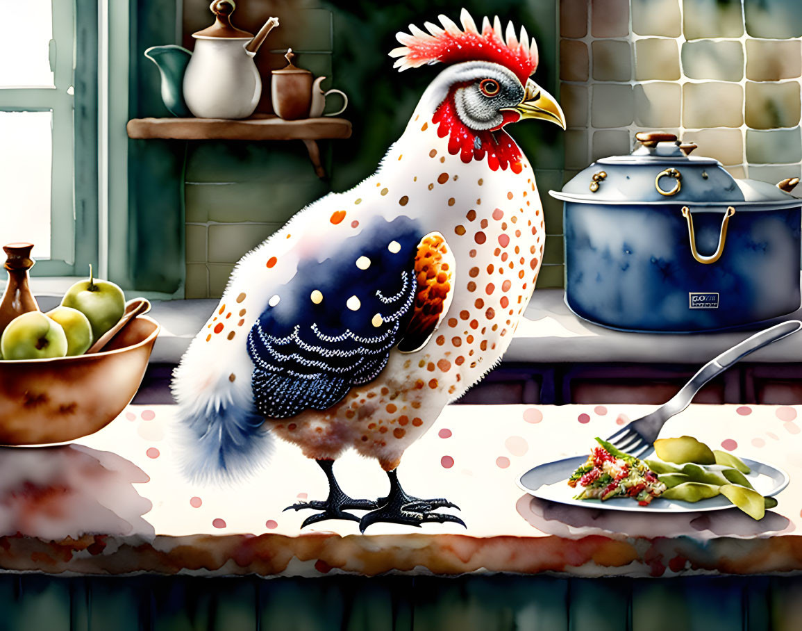 Vibrant rooster illustration in kitchen setting with fruits, veggies, and blue pot