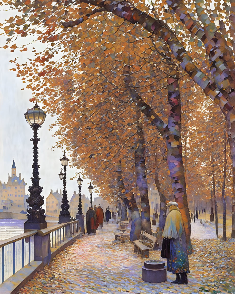 Tranquil autumn riverside scene with strolling figures, vintage lampposts, and distant