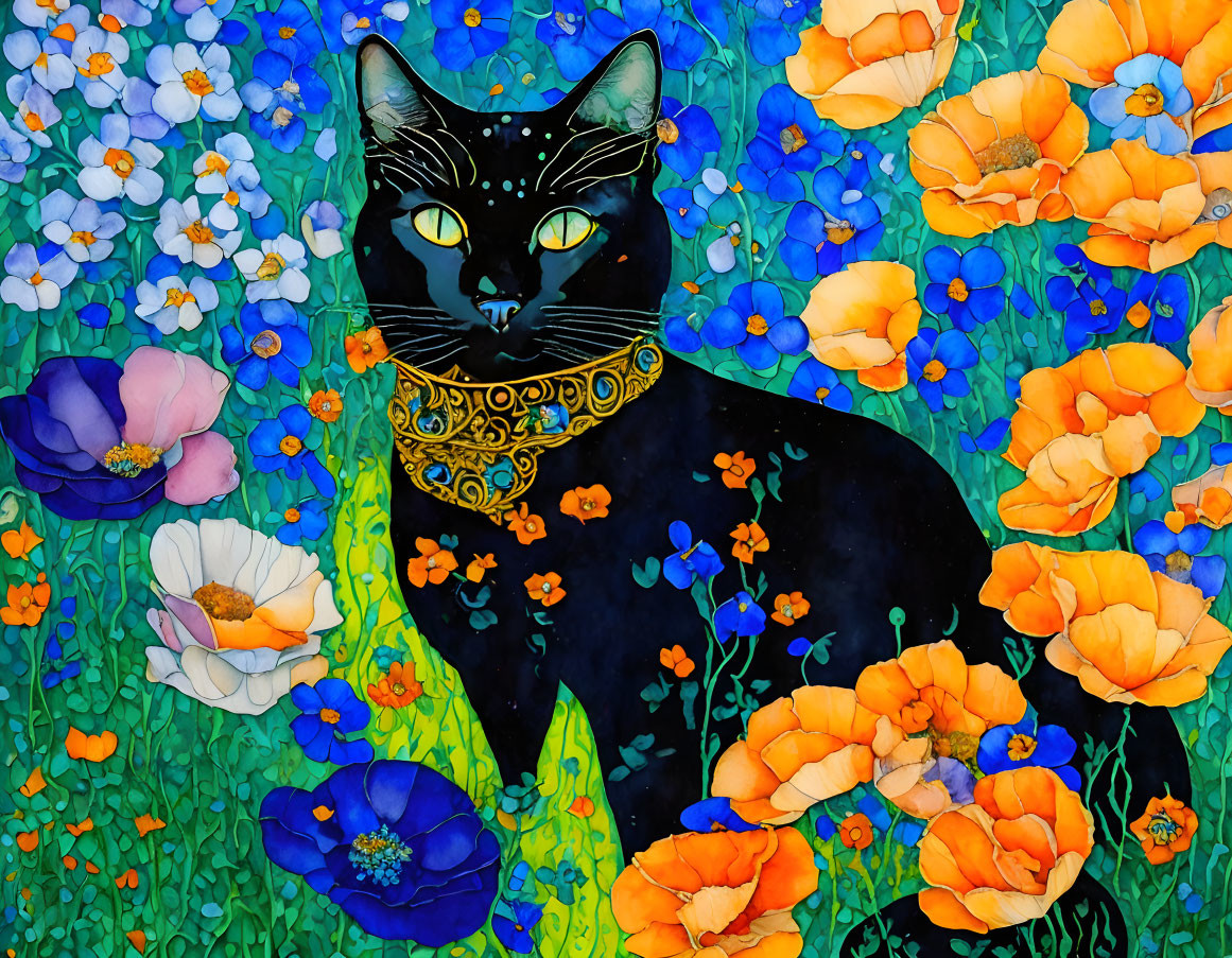 Colorful Painting of Black Cat with Orange Poppies and Yellow Collar