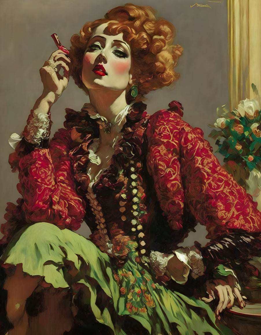 Opulent painting of woman with red hair in lavish dress and cigarette