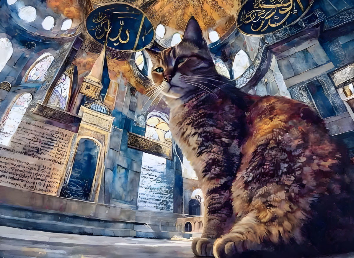 Cat in grand mosque with Arabic calligraphy and stained glass windows