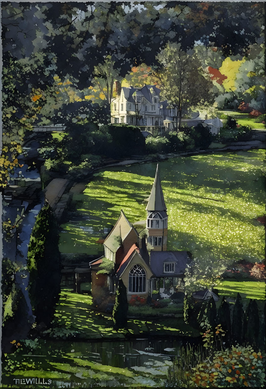 Tranquil village scene with old church and autumn hues