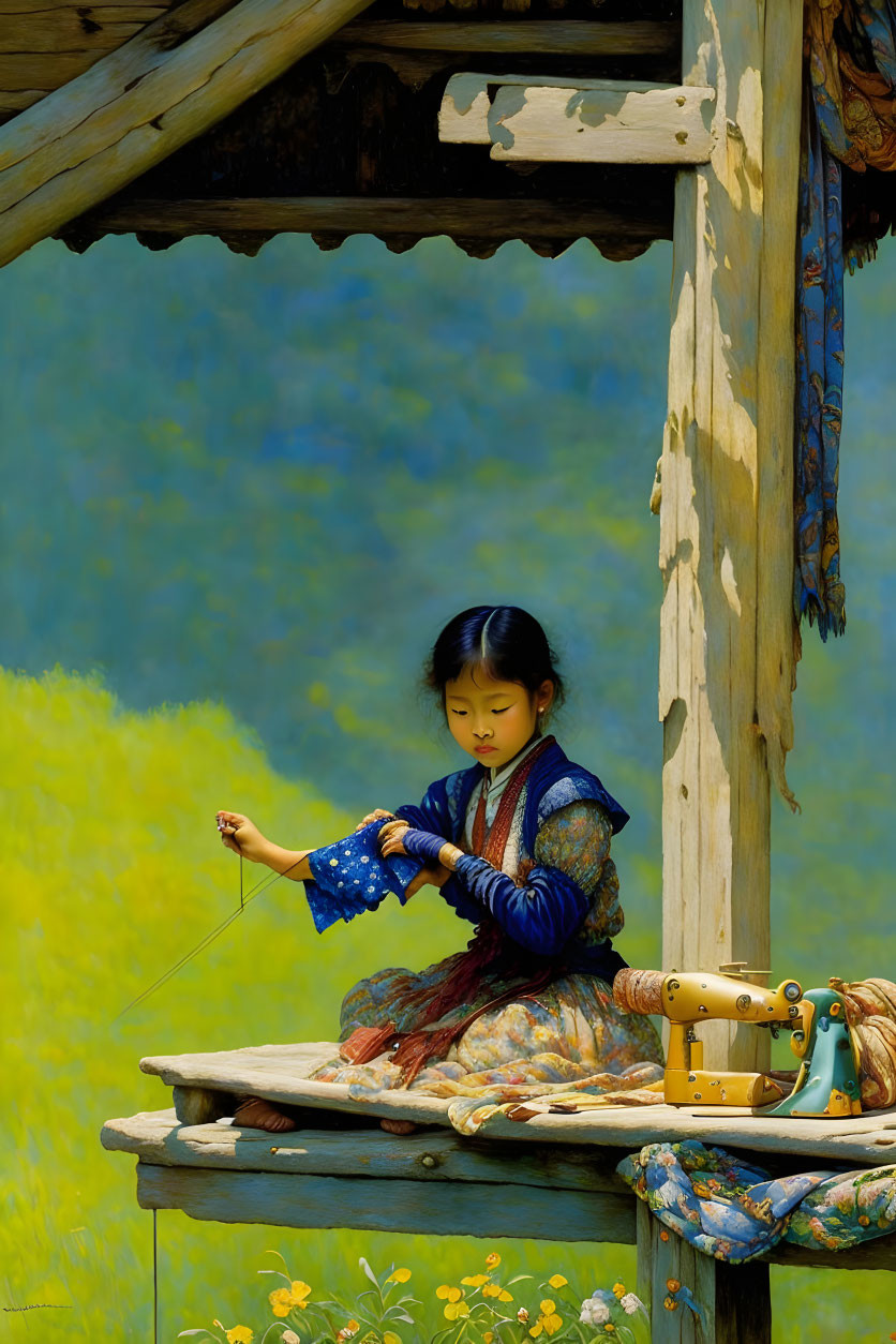 Young girl sewing outdoors with vintage machine in yellow floral field