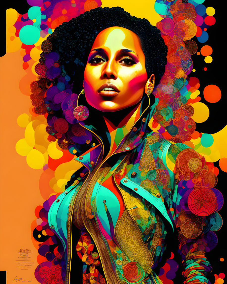 Colorful digital artwork: Woman with afro, abstract patterns, circles