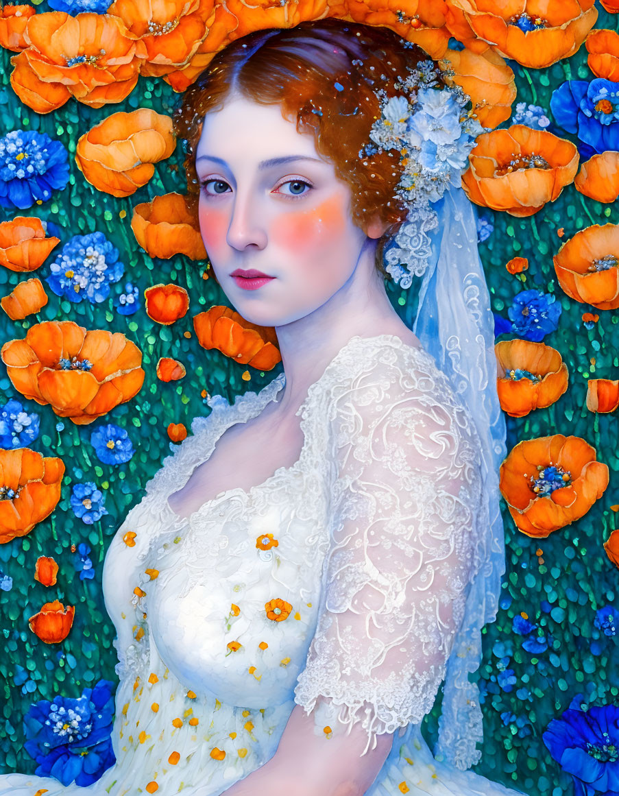 Portrait of woman with pale skin and rosy cheeks in white dress against blue and orange floral background.