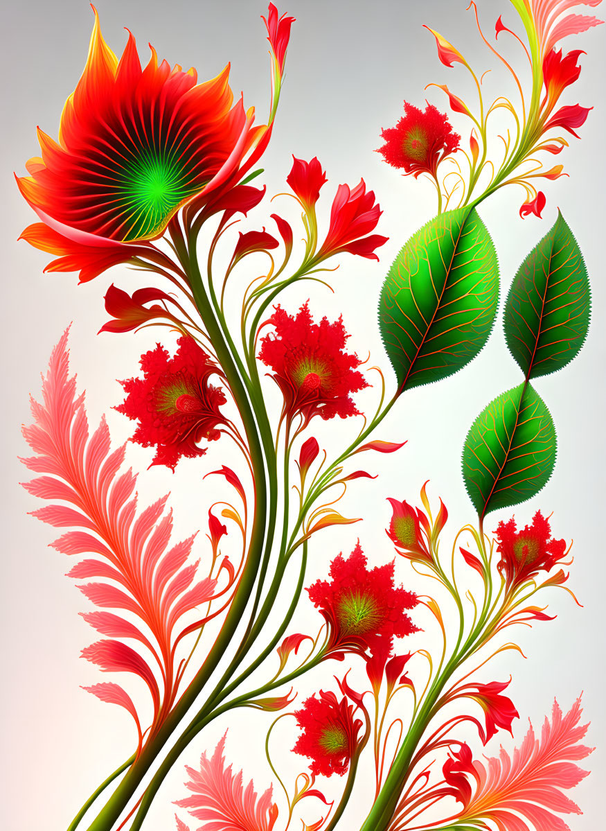 Stylized red flowers and green leaves digital art on gradient background