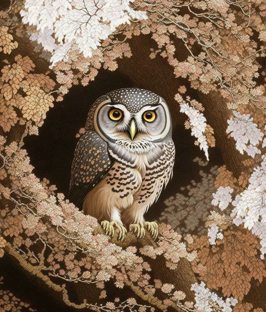 Detailed owl perched on blooming tree with pink and white flowers