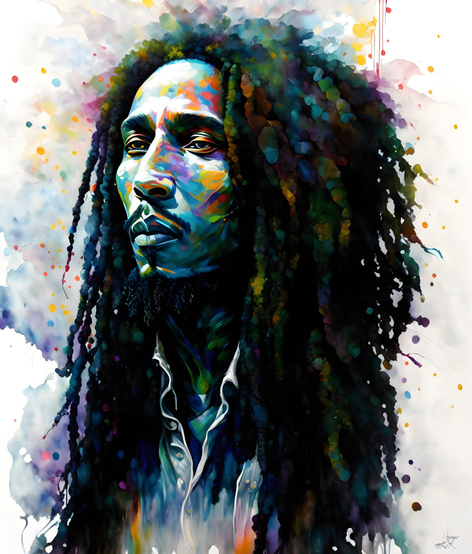 Vibrant painting of a man with dreadlocks and contemplative gaze