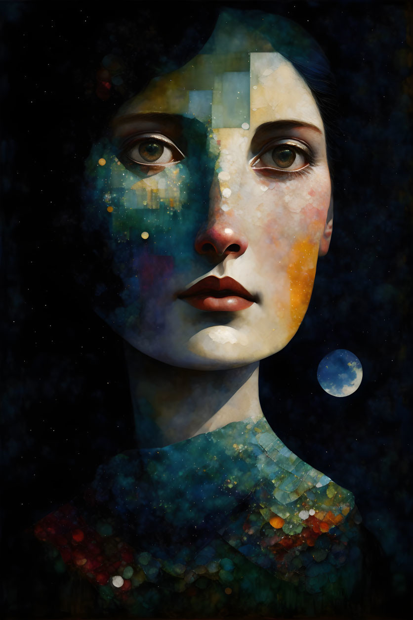 Celestial-themed digital painting of a woman's face with mosaic-like features