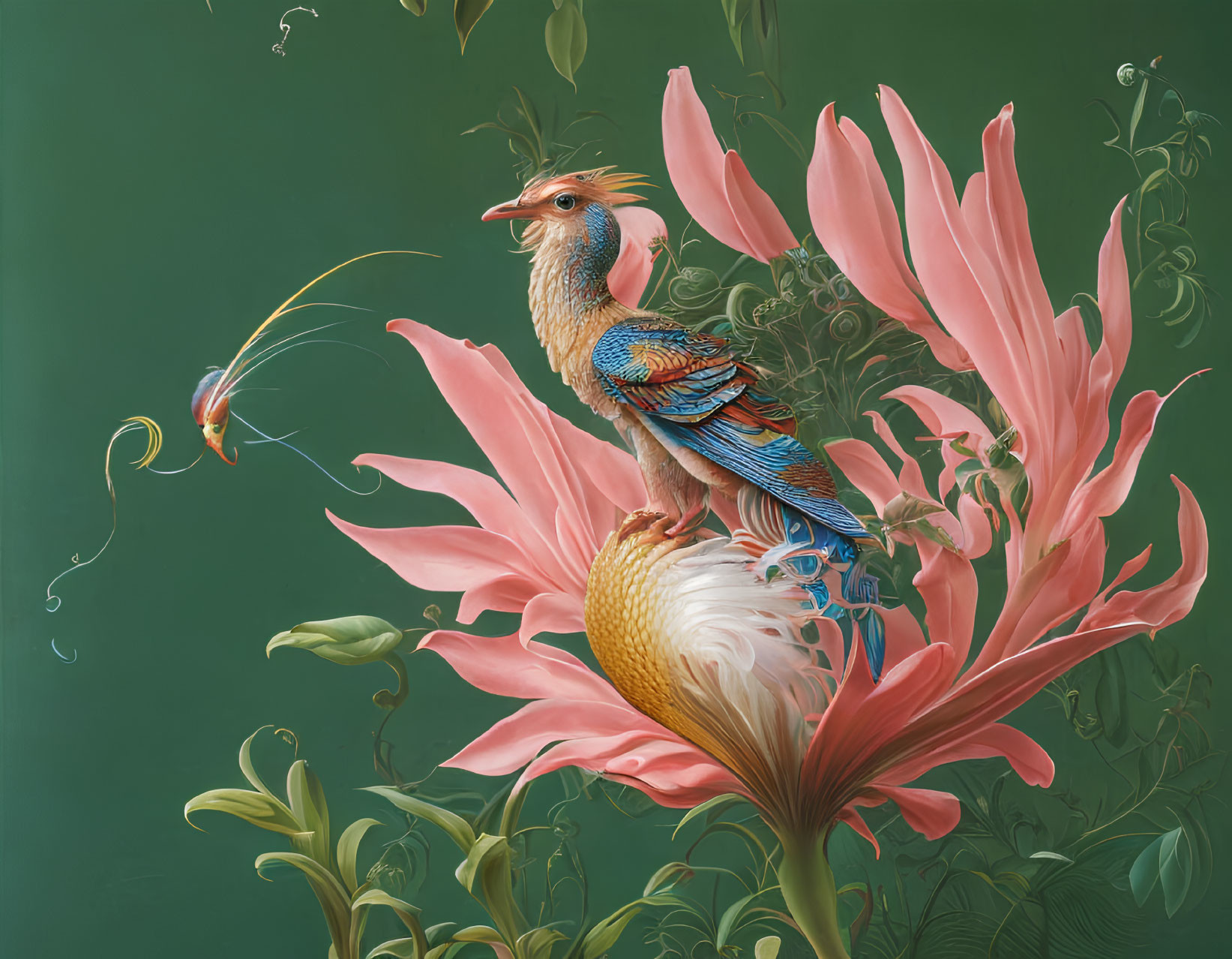 Vibrant surreal bird illustration on pink plant with whimsical creature