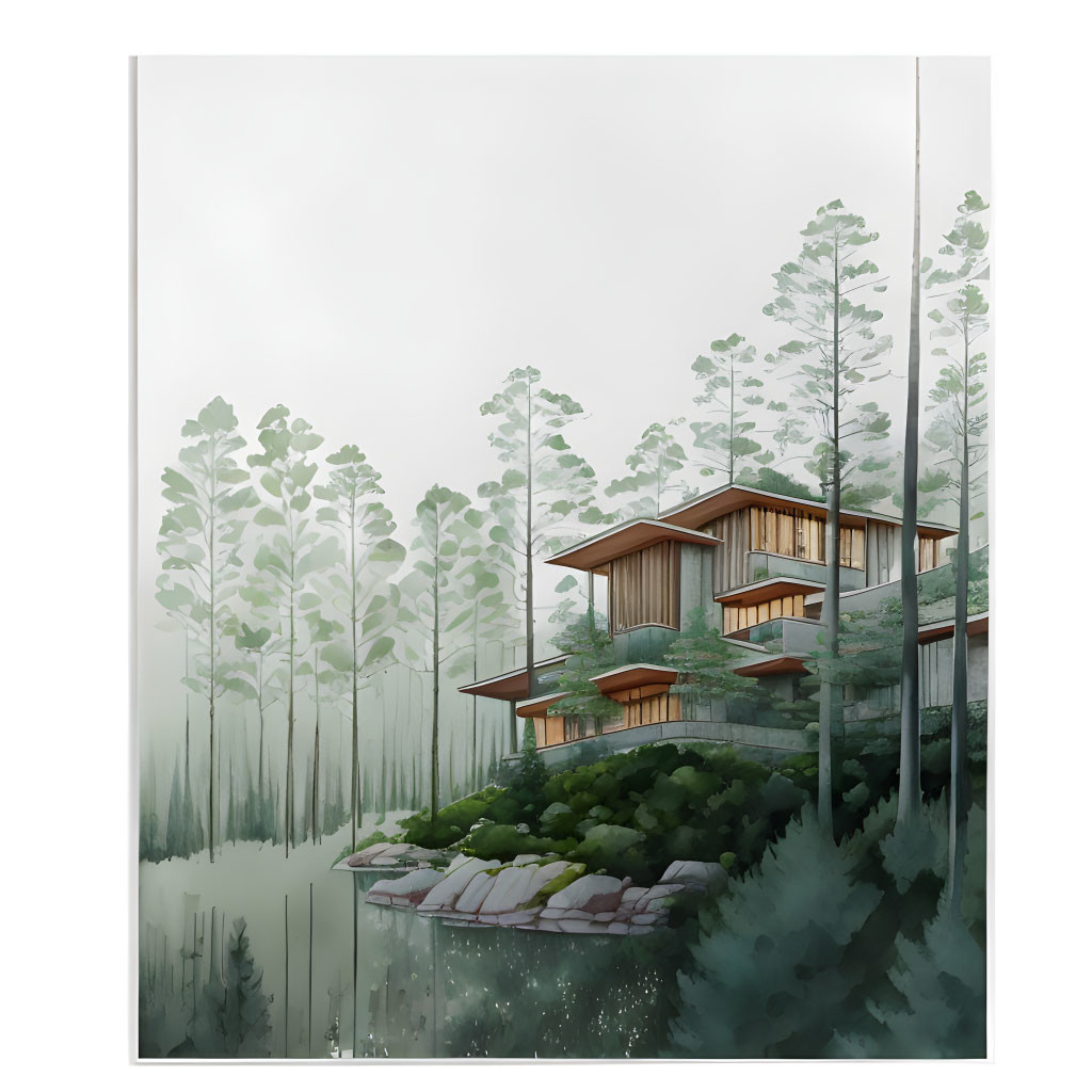 Modern wooden house in misty lakeside setting among tall trees