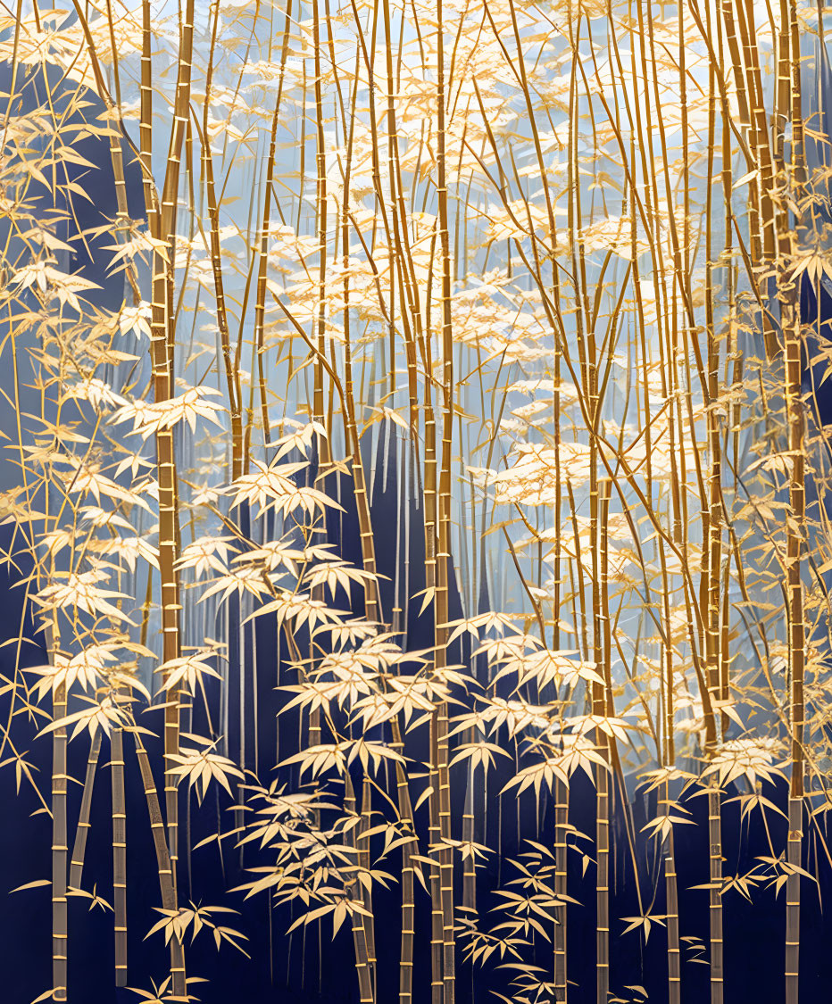 Golden bamboo stalks on deep blue background: tranquil grove theme