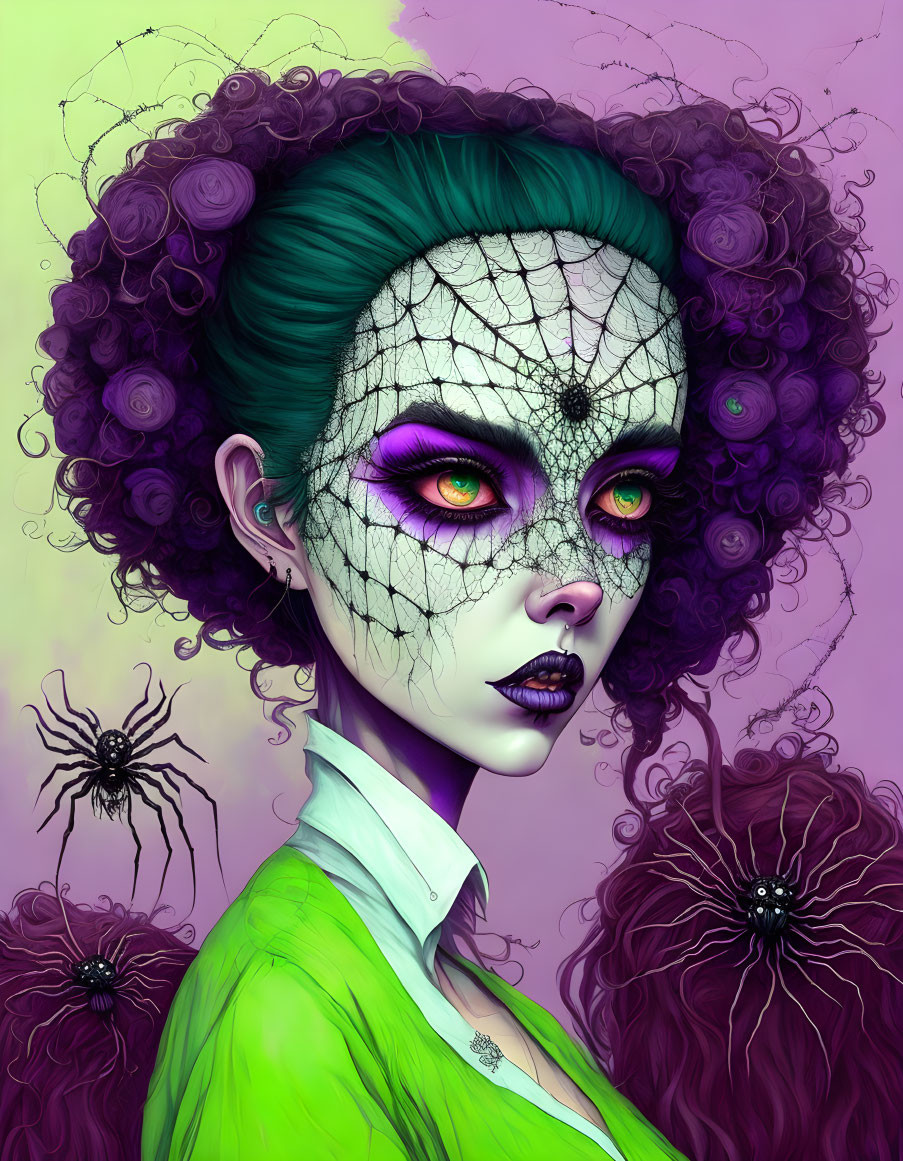 Vibrant artwork featuring a woman with unique spider-themed appearance