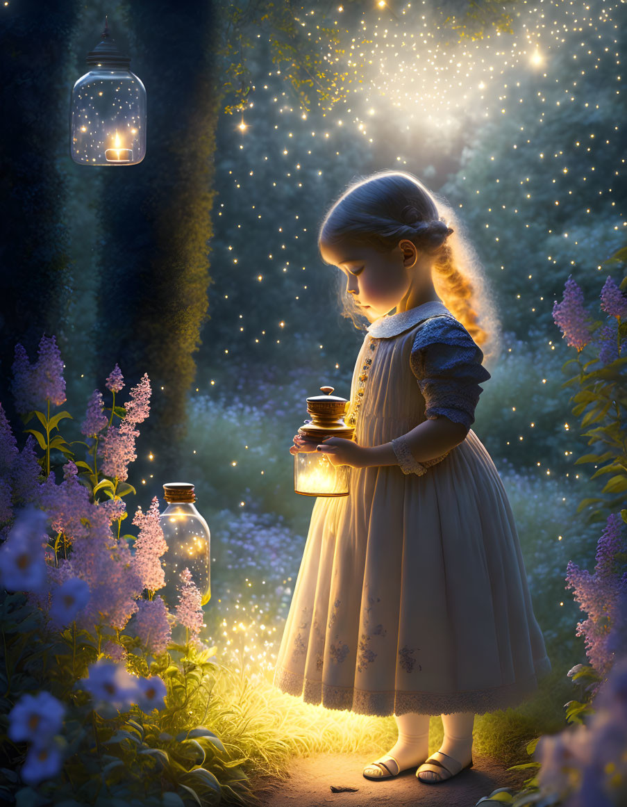 Young girl in dress with lantern in magical forest scene