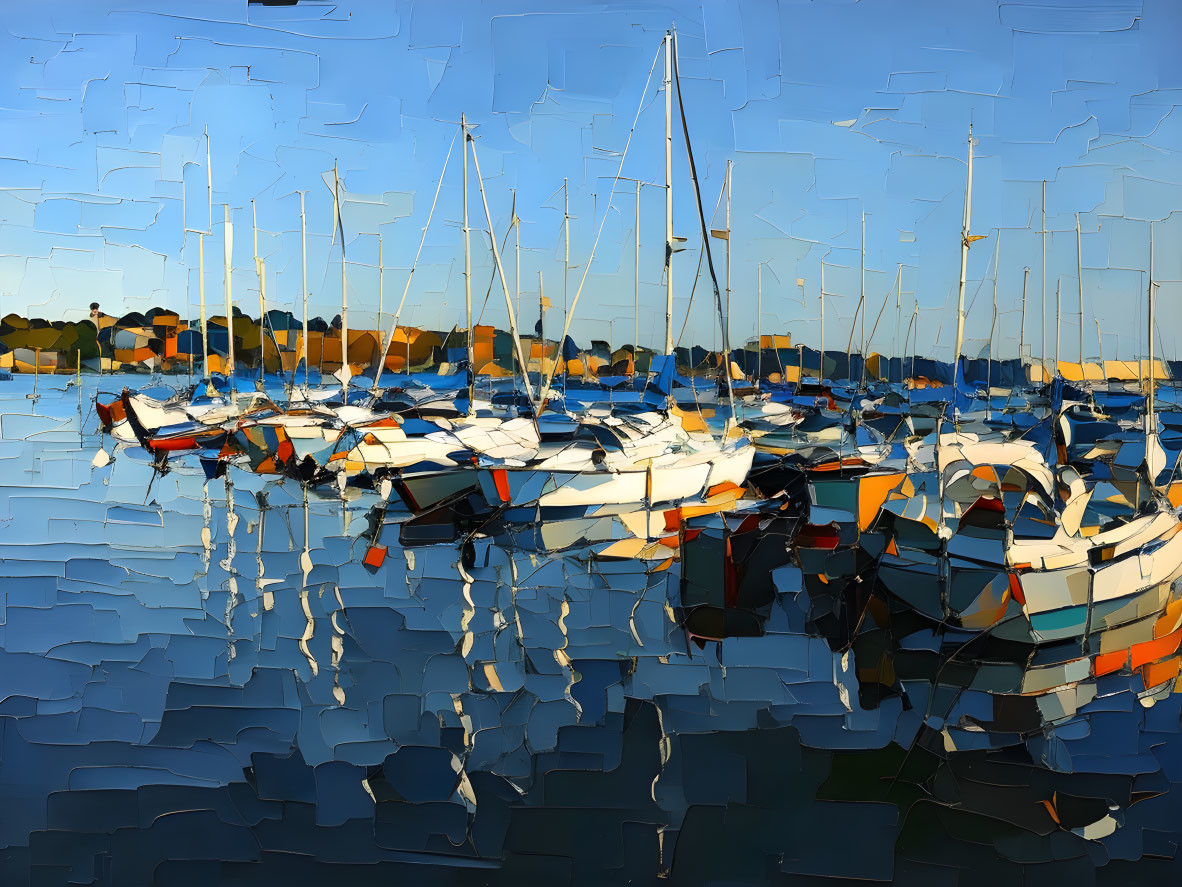 Cubist-style sailboats in calm blue waters