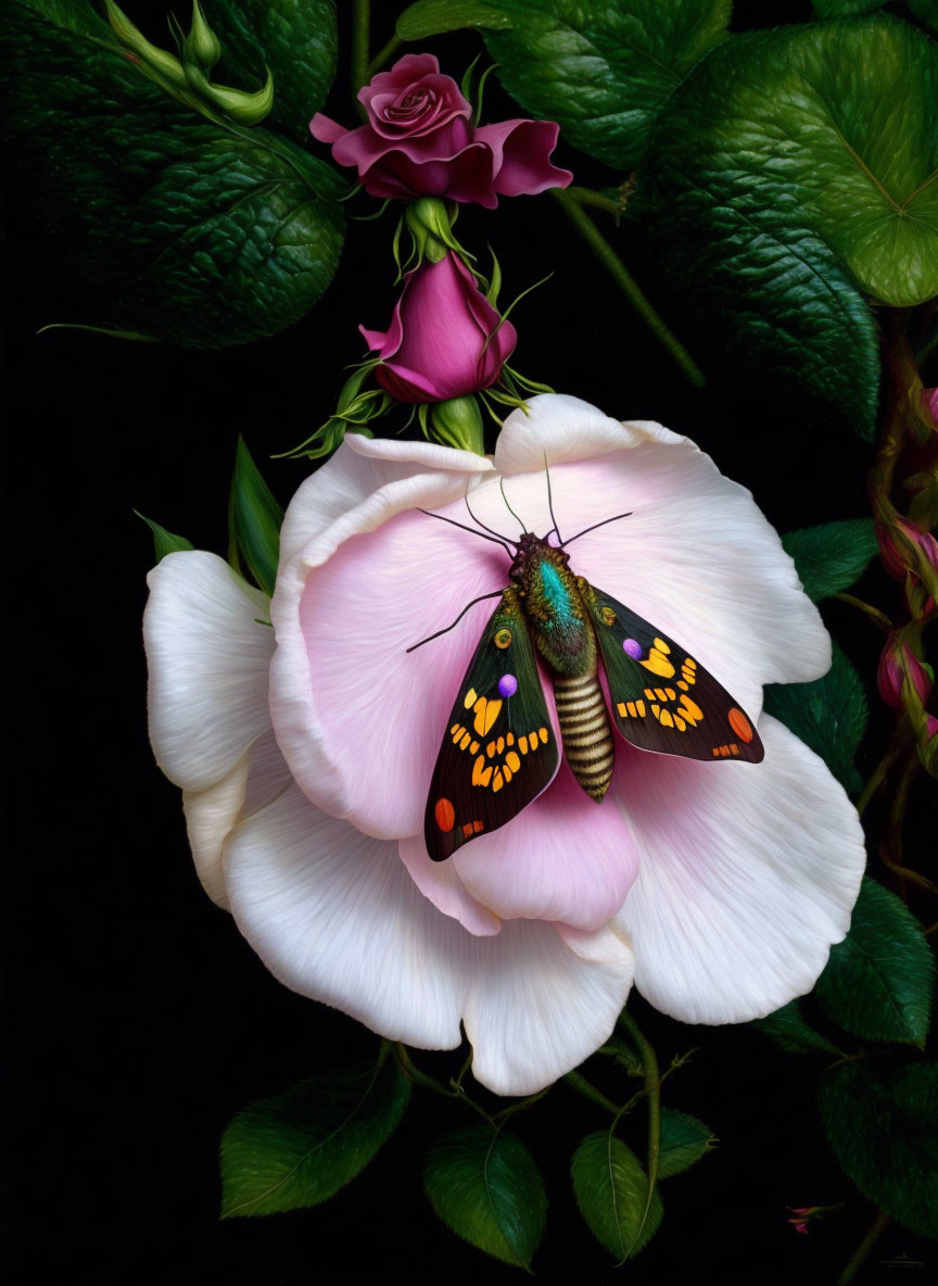 Vibrant butterfly on pink rose with green foliage