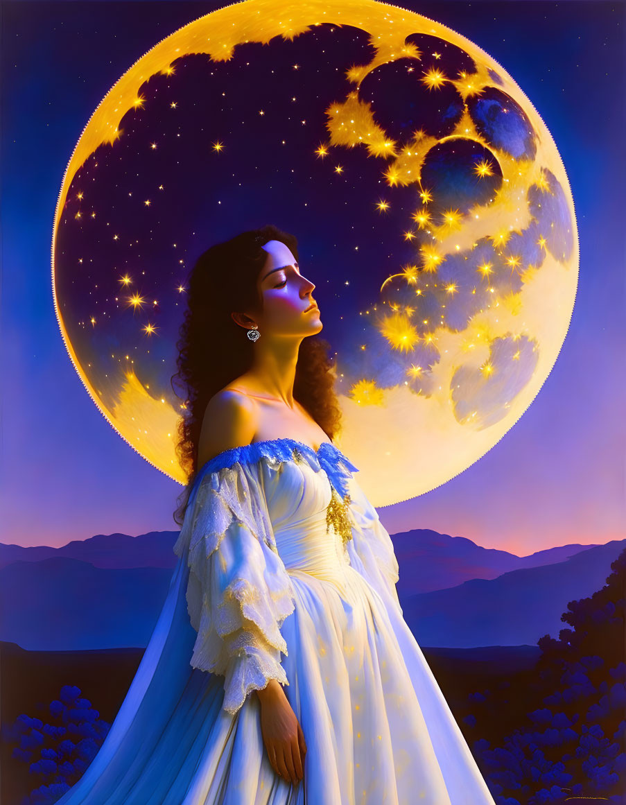 Woman in white dress under vivid moon and stars in twilight scene with mountains