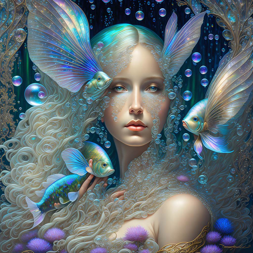 Colorful surreal portrait of woman with fish and bubbles in underwater fantasy