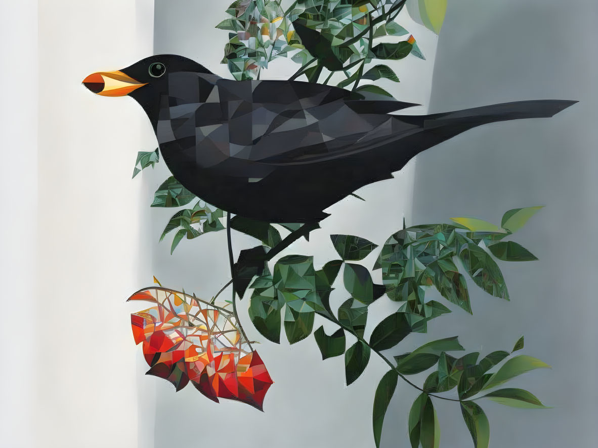 Low-poly black bird on branch with leaves and berries on light background