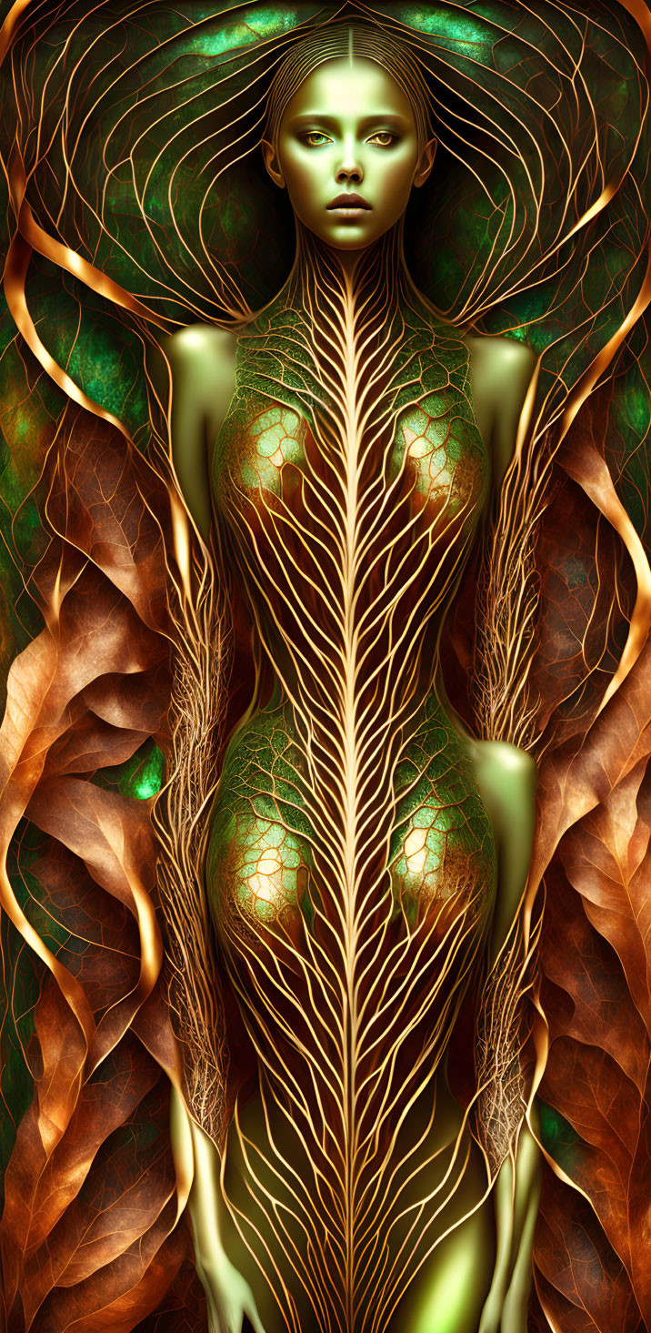 Digital artwork: Woman with tree-like design, green and brown hues, leafy patterns, glowing intricate