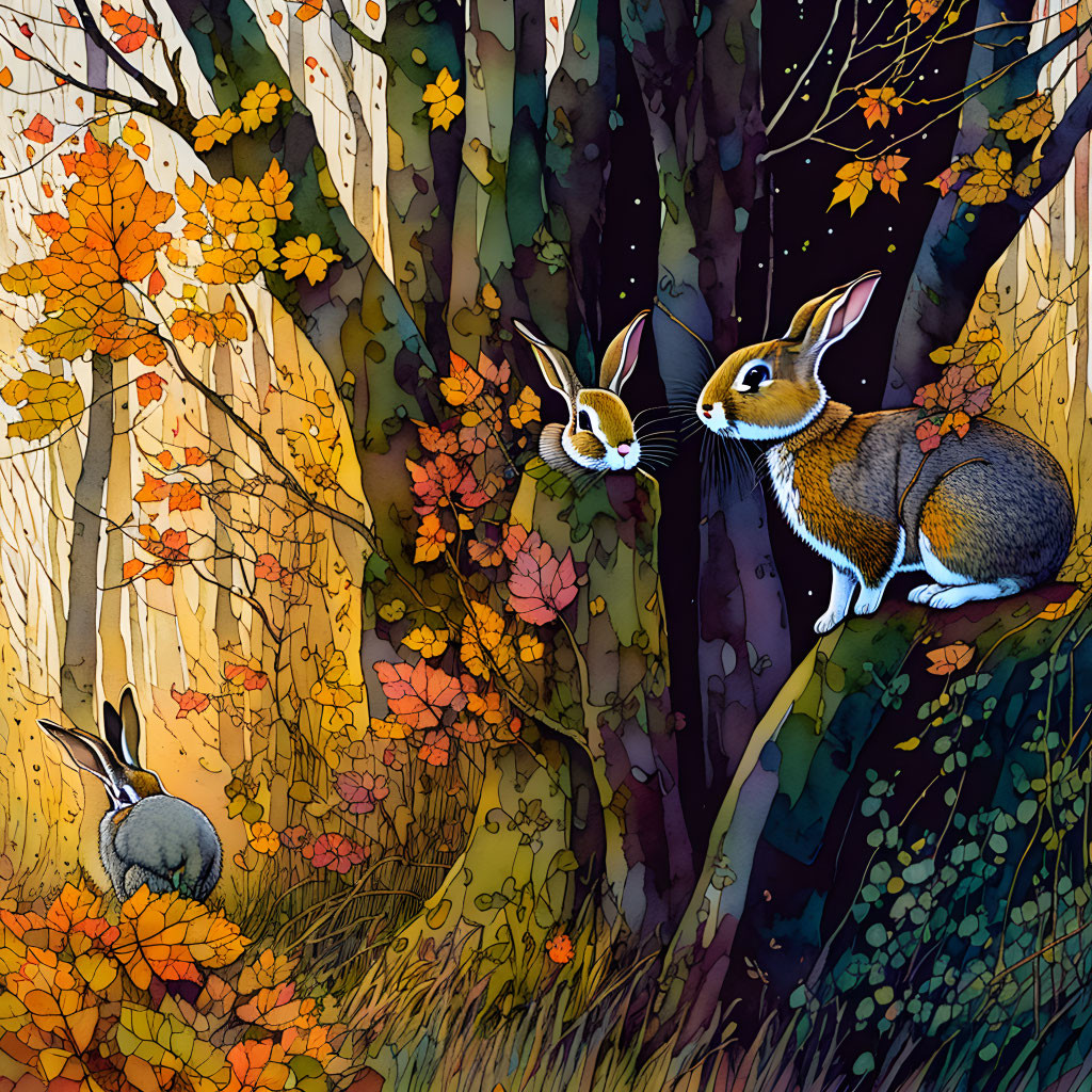 Vibrant autumn forest with orange leaves, rabbits, and colorful flora