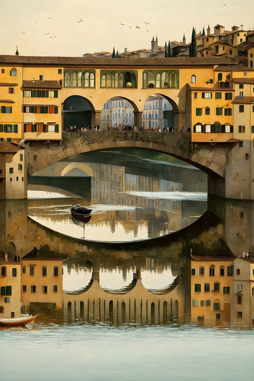 Tranquil Ponte Vecchio scene with boat and reflection in Florence