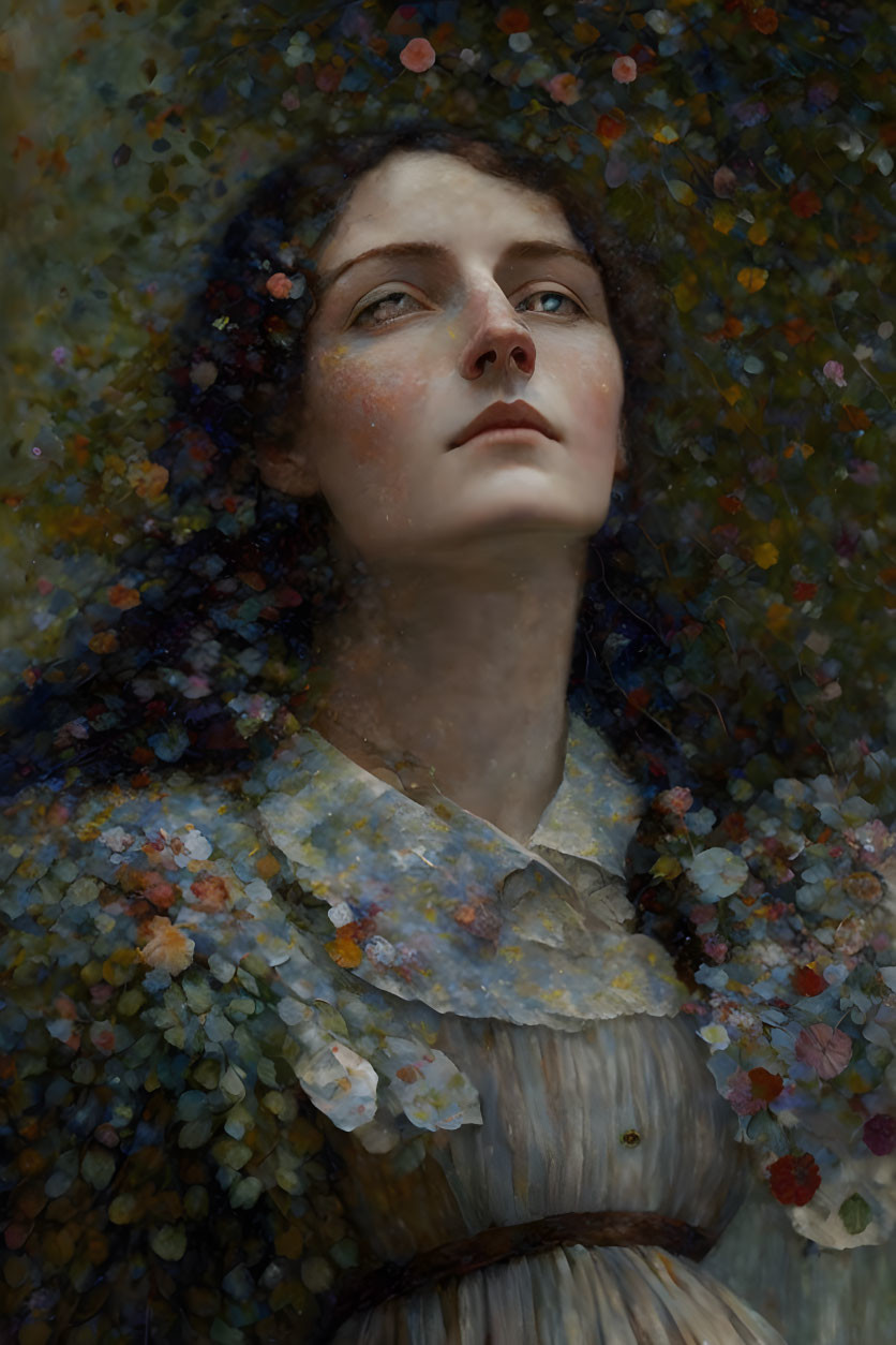 Ethereal woman surrounded by vibrant impressionist flowers