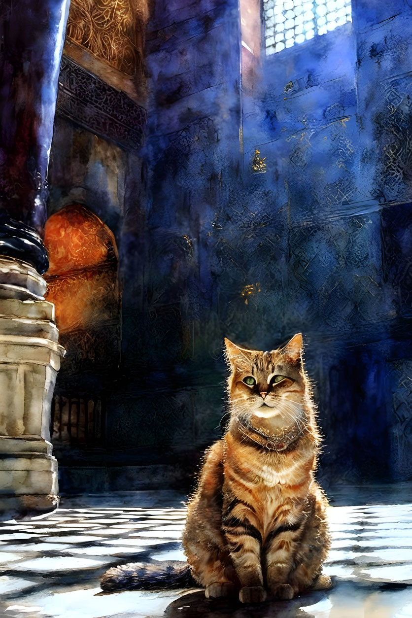 Tabby Cat in Ornate Room with Sunlit Walls