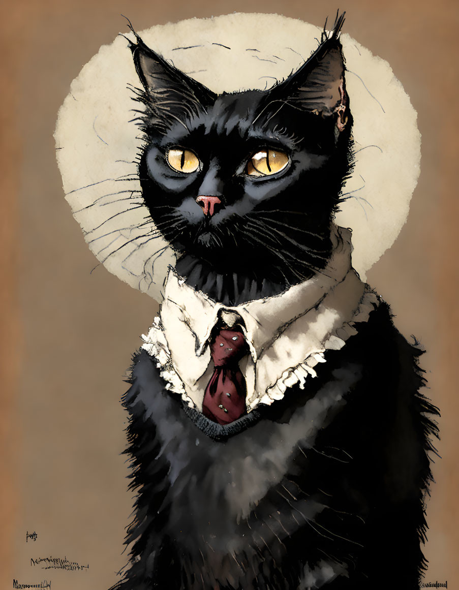 Illustration of Black Cat in Elizabethan Ruff Collar and Red Tie