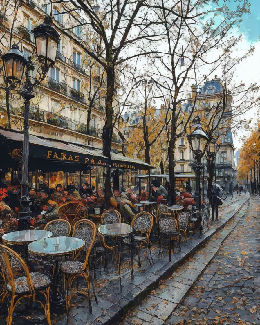 Autumn street cafe scene with vintage lamps, falling leaves, and customers.