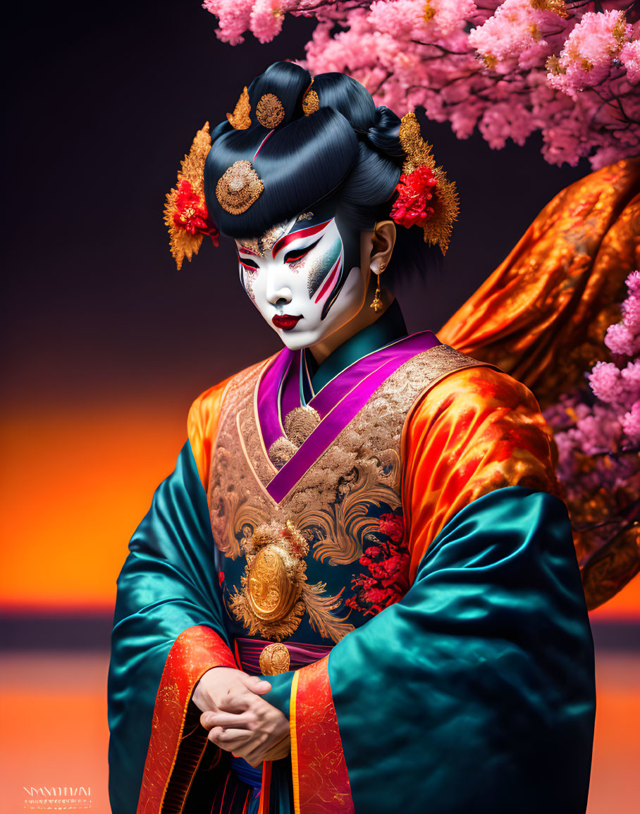 Elaborate Traditional East Asian Attire with Cherry Blossom Backdrop