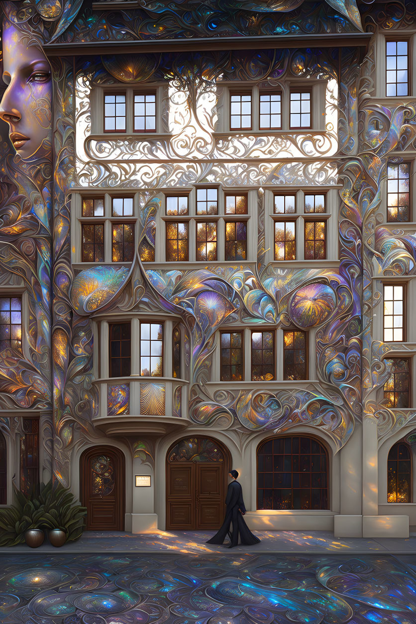 Surreal ornate building with luminous flowing design under twilight sky