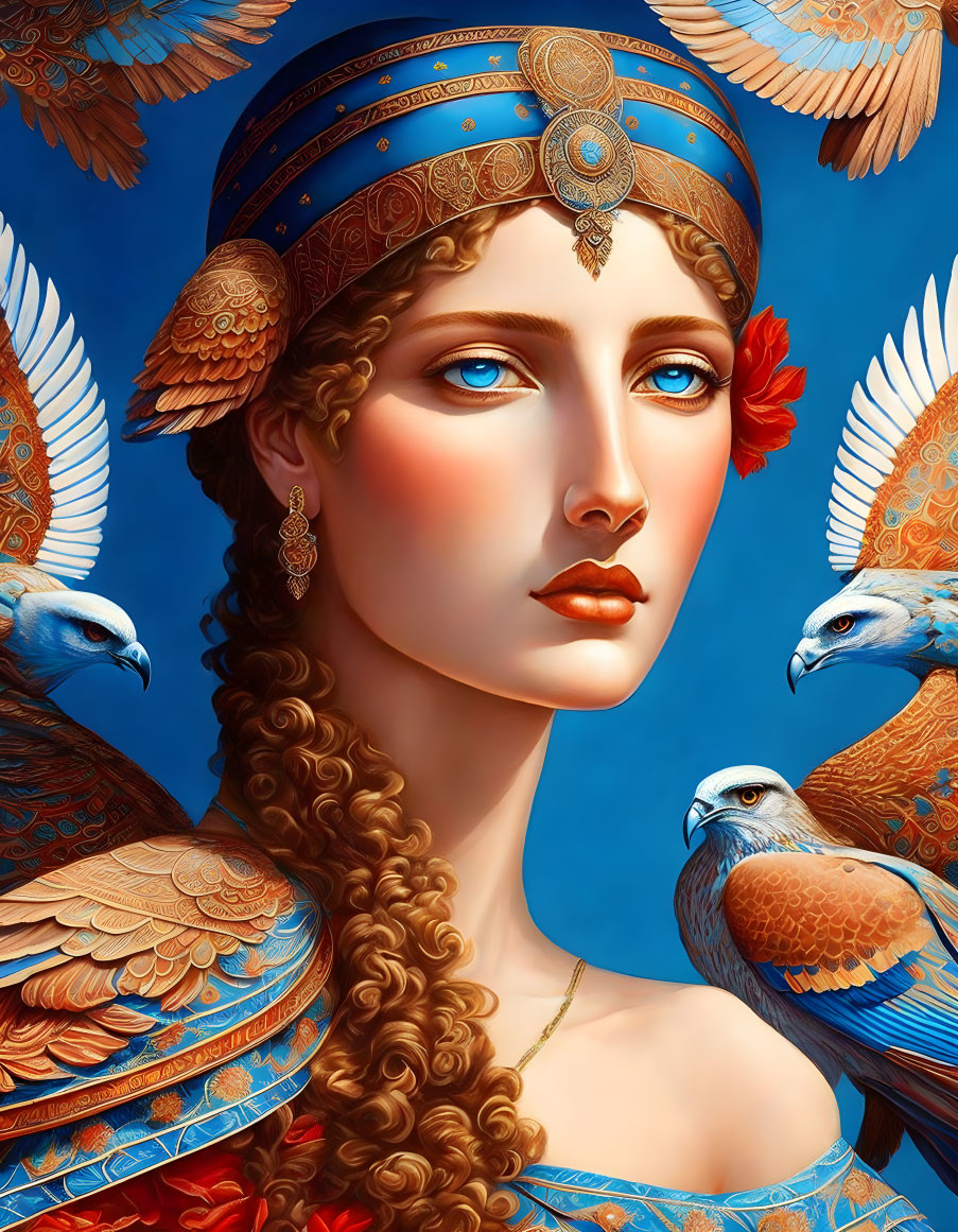 Illustration of woman with blue headband and golden details, surrounded by stylized birds in blue and